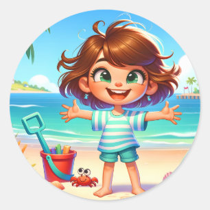 Leuke strand kind scene ronde sticker
