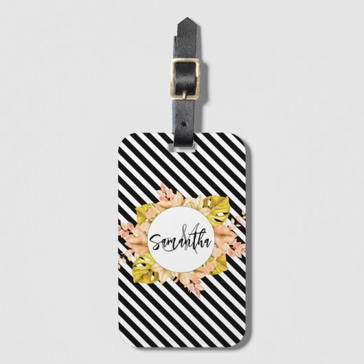 Leuke strepen en bloemige monogram bagagelabel (Voorkant (verticaal))