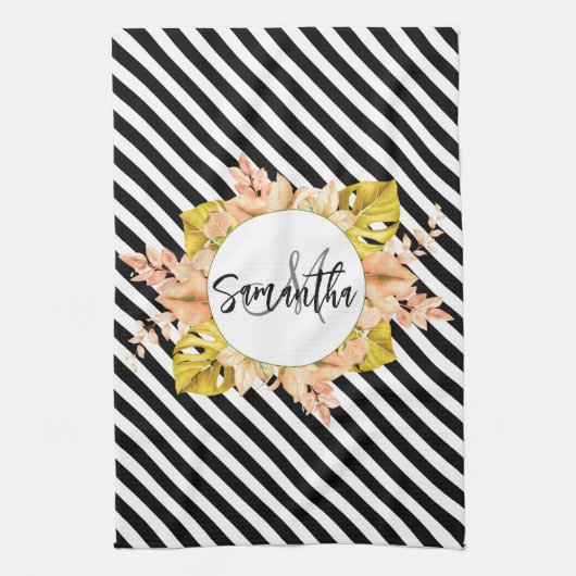 Leuke strepen en bloemige monogram theedoek (Verticaal)