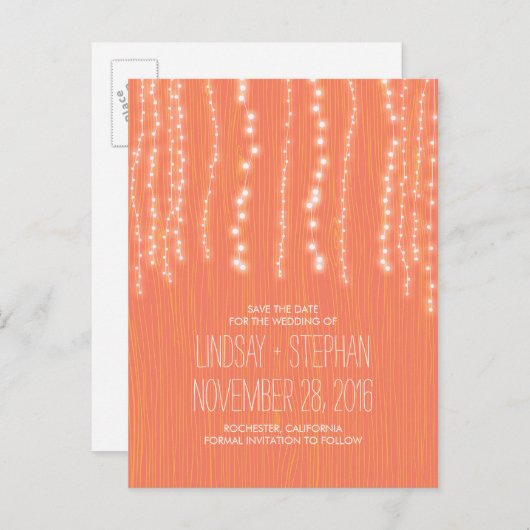 Leuke string lichten rustiek opslaan de datum brie aankondigingskaart (Voorkant / Achterkant)