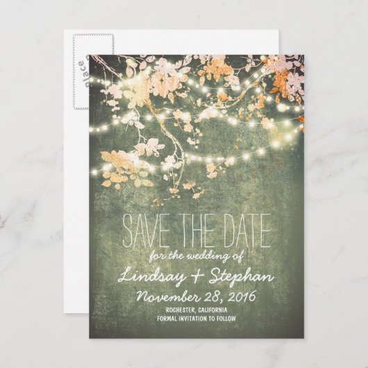 Leuke string lichten rustiek opslaan de datum brie aankondigingskaart (Voorkant / Achterkant)