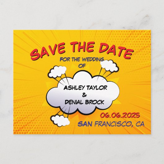 Leuke stripboek bruiloft save the date aankondigingskaart (Voorkant)