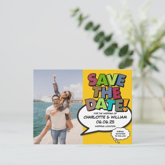 Leuke stripboek opslag datum foto aankondigingskaart (Staand voorkant)