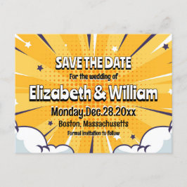 Leuke stripstijl gepersonaliseerde save the date aankondigingskaart