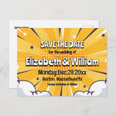 Leuke stripstijl gepersonaliseerde save the date aankondigingskaart (Voorkant / Achterkant)