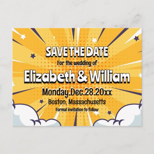 Leuke stripstijl gepersonaliseerde save the date aankondigingskaart (Voorkant)