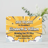 Leuke stripstijl gepersonaliseerde save the date kaart (Staand voorkant)
