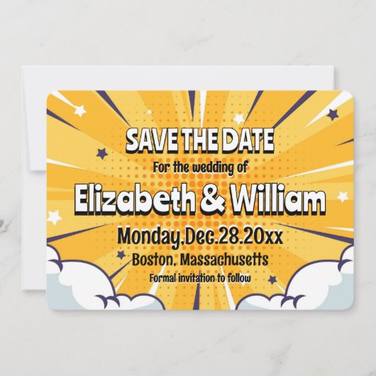 Leuke stripstijl gepersonaliseerde save the date kaart (Voorkant)