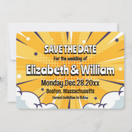 Leuke stripstijl gepersonaliseerde save the date kaart