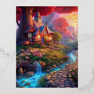 Leuke Sunset Fantasy House in de Bossen Folie Feestdagen Briefkaart