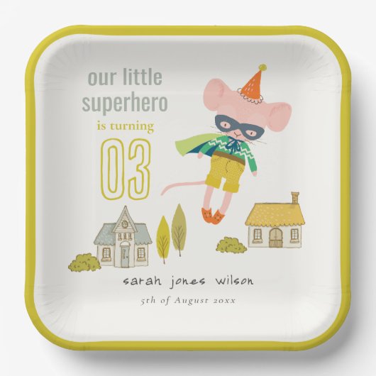 Leuke Superhero Mouse Leuk Kinder Foto Verjaardag Papieren Bordje (Voorkant)