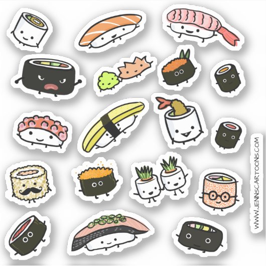 Leuke Sushi en Sashimi Personages Vinyl Sticker Se (Voorkant)