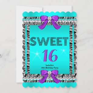 Leuke Sweet 16-feest Zebra Turquoise Blauw Paarse  Kaart