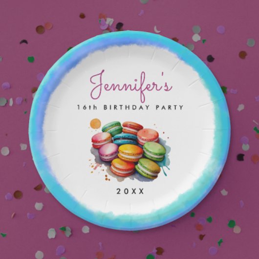 Leuke Sweet Sixteen Kleurrijke Blue Macaron Waterv Papieren Bordje