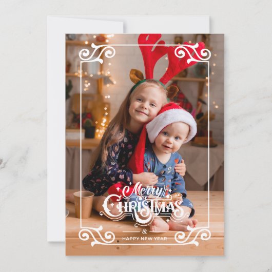 Leuke Swirly Christmas Border Vrolijke Kerstfoto Feestdagenkaart (Voorkant)