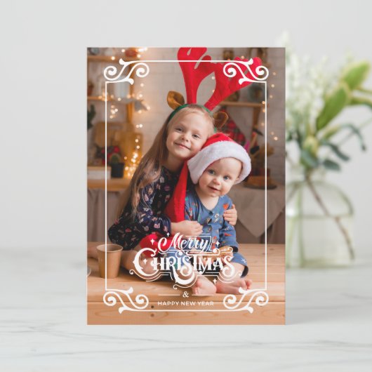 Leuke Swirly Christmas Border Vrolijke Kerstfoto Feestdagenkaart (Staand voorkant)
