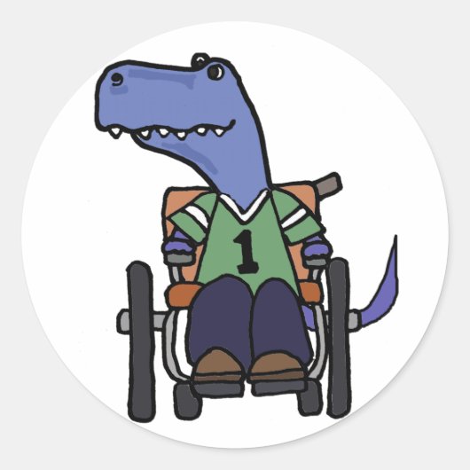 Leuke T-rex Dinosaurus in Rolstoel Cartoon Ronde Sticker (Voorkant)