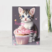Leuke Tabby Kitten Sweet Cupcake Verjaardagsgroet Kaart (Voorkant)