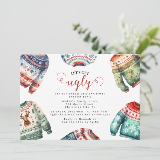 Leuke Tacky Ugly Christmas Sweater Party Kaart (Staand voorkant)