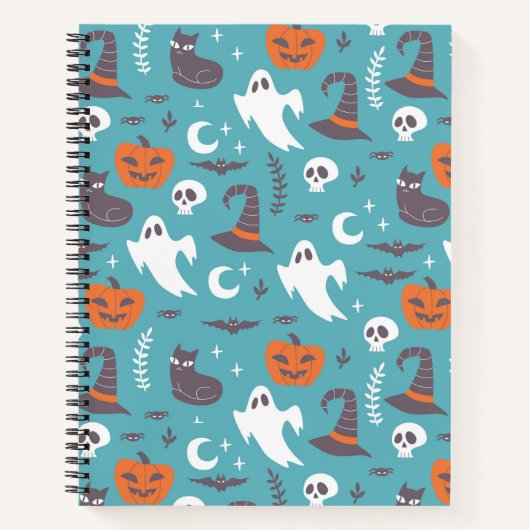 Leuke Teal Doodle Halloween Patroon Notitieboek (Voorkant)