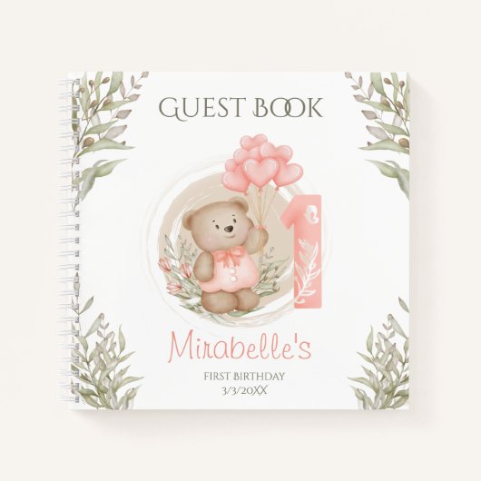 Leuke Teddy Bear 1e verjaardag Peach Gastenboek Notitieboek (Voorkant)