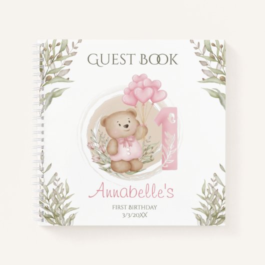 Leuke Teddy Bear 1e Verjaardag Roze Gastenboek Notitieboek (Voorkant)