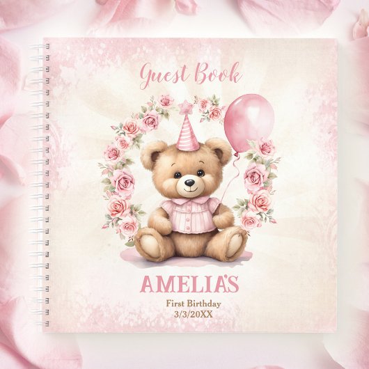 Leuke Teddy Bear 1e Verjaardag Roze Gastenboek Notitieboek
