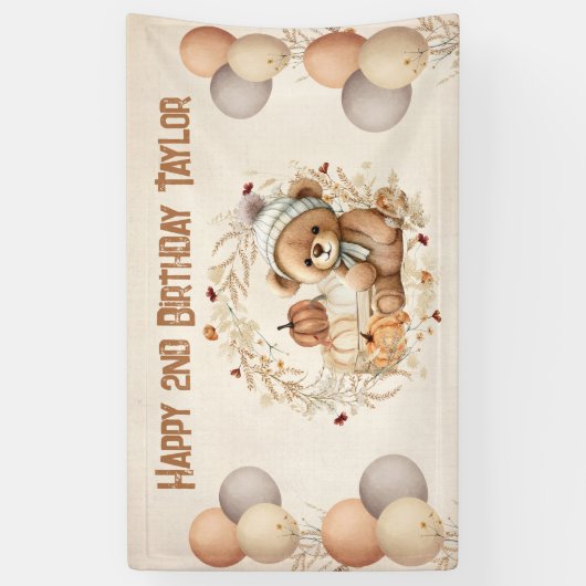 Leuke Teddy Bear Herfst Kids Verjaardagsbanner Spandoek (Verticaal)