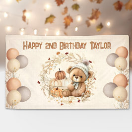 Leuke Teddy Bear Herfst Kids Verjaardagsbanner Spandoek