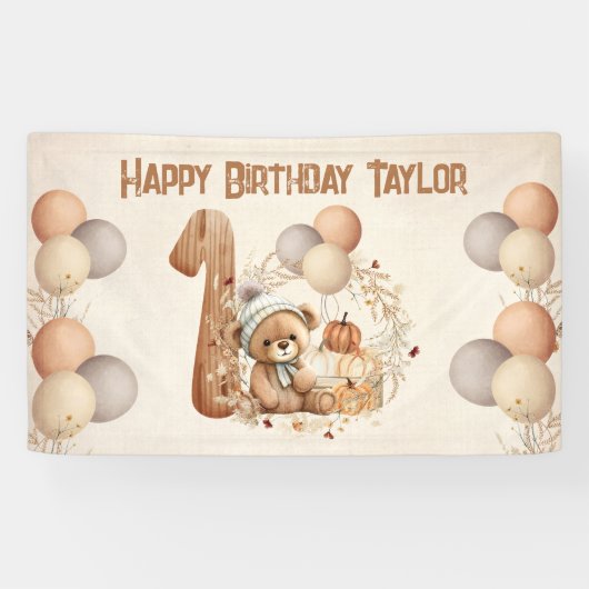 Leuke Teddy Bear Herfst Pompoenen Beary 1e Verjaar Spandoek (Horizontaal)