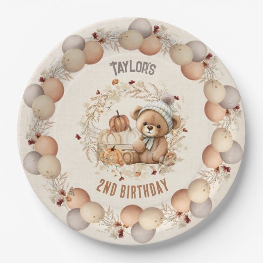 Leuke Teddy Bear Herfst Verjaardagspapier Borden Papieren Bordje (Voorkant)
