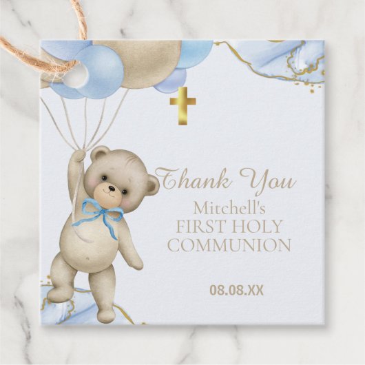 Leuke Teddy Blauwe Balloon Jongen Eerste Heilige C Bedankjes Labels (Voorkant)