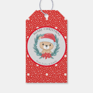 Leuke Teddy Rode en Witte Sterren Vrolijk Kerstfee Cadeaulabel