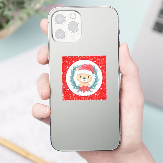 Leuke Teddy Rode en Witte Sterren Vrolijk Kerstfee Sticker (Telefoon)