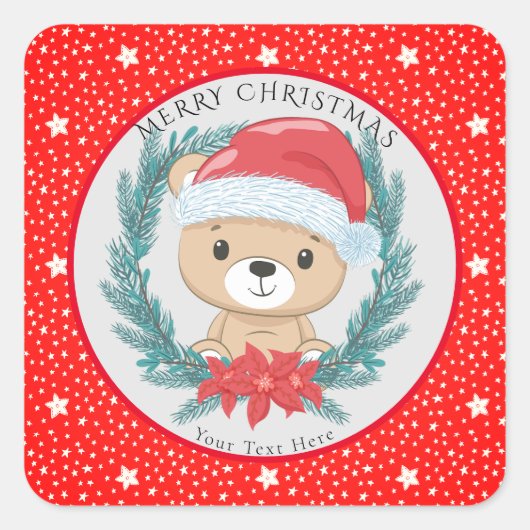 Leuke Teddy Rode en Witte Sterren Vrolijk Kerstfee Vierkante Sticker (Voorkant)