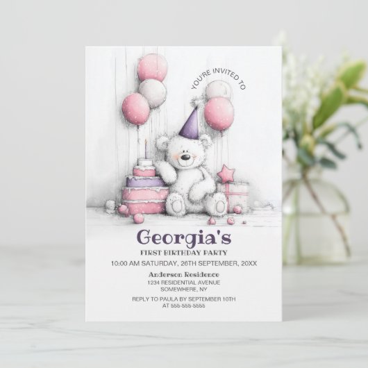 Leuke Teddybeer 1e Verjaardagsfeestuitnodiging Kaart (Staand voorkant)