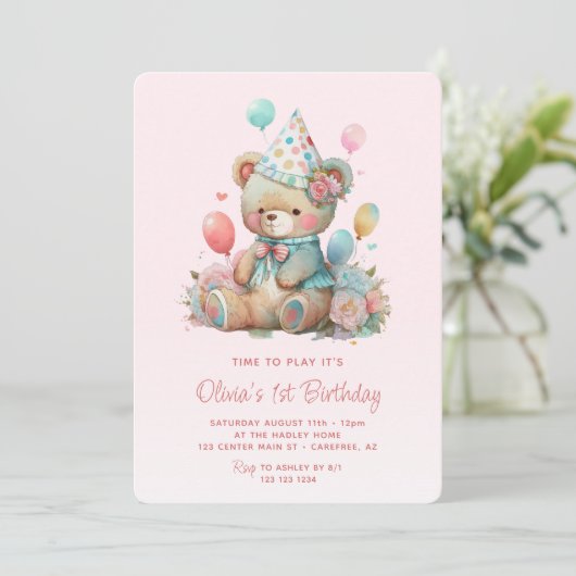 Leuke teddybeer ballonnen roze 1e verjaardag kaart (Staand voorkant)