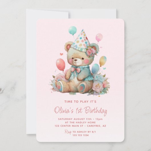 Leuke teddybeer ballonnen roze 1e verjaardag kaart (Voorkant)
