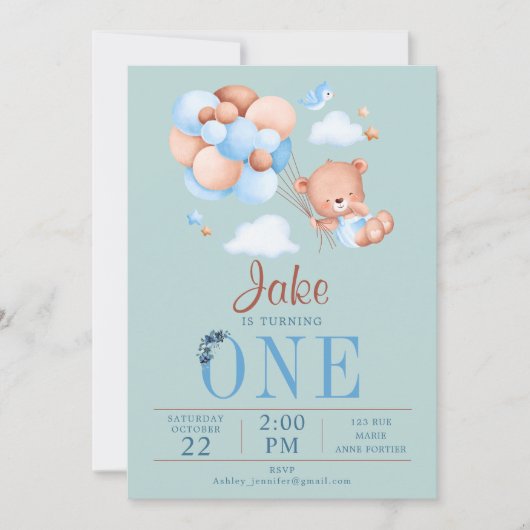 Leuke teddybeer en ballon Baby Verjaardag Kaart (Voorkant)