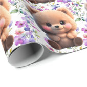 Leuke teddybeer Polka dots Boho paarse bloemen Cadeaupapier (Rol Hoek)