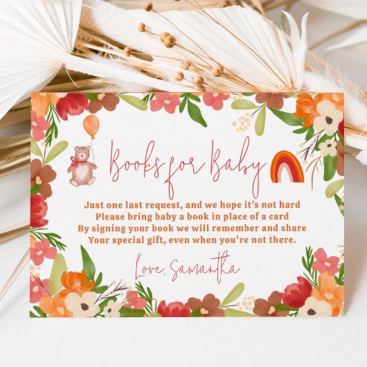 Leuke teddybeer regenboog boeken voor baby shower informatiekaartje