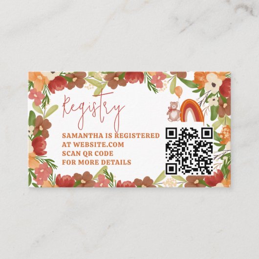 Leuke teddybeer regenboog register baby shower informatiekaartje (Voorkant)