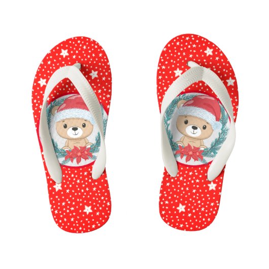 Leuke teddybeer rode en witte sterren kerst kinder teenslippers (Voetbed)