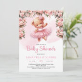 Leuke teddybeer tutu ballerina met blush rozen kaart (Staand voorkant)