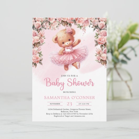 Leuke teddybeer tutu ballerina met blush rozen kaart (Staand voorkant)