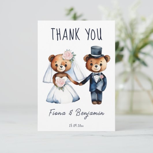 Leuke teddyberen bruidspaar bruiloft dank u bedankkaart (Staand voorkant)