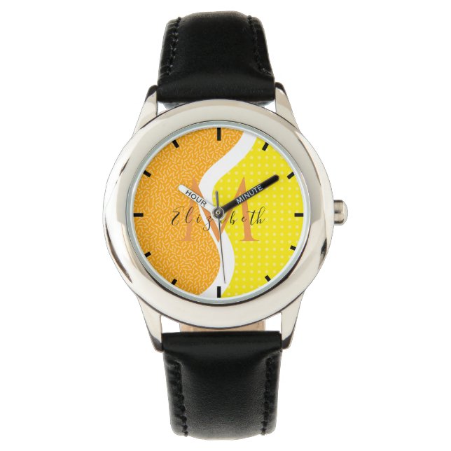 Leuke Tennisbal Naam & Initiaal Sinaasappel Geel K Horloge (Voorkant)