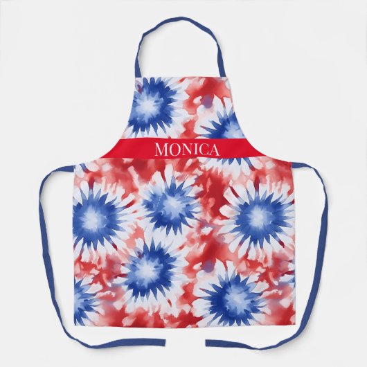 Leuke Tie Dye Patroon Monogram rood wit blauw Schort (Voorkant)