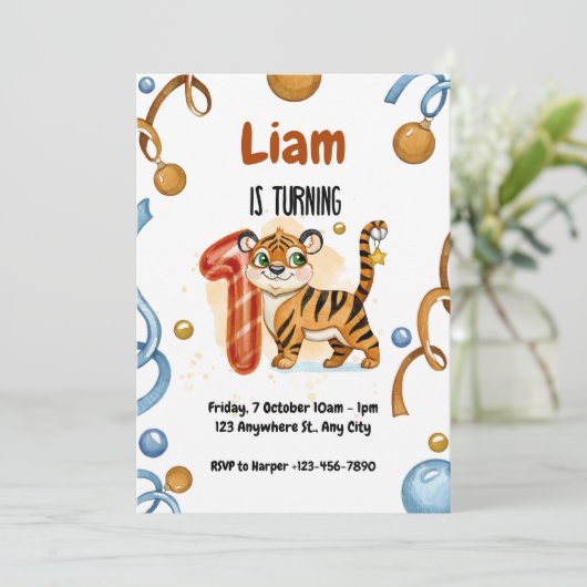 Leuke Tijger 1e Verjaardag Feest Uitnodiging (Staand voorkant)