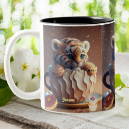 Leuke tijger gepersonaliseerde naam rustieke achte tweekleurige koffiemok